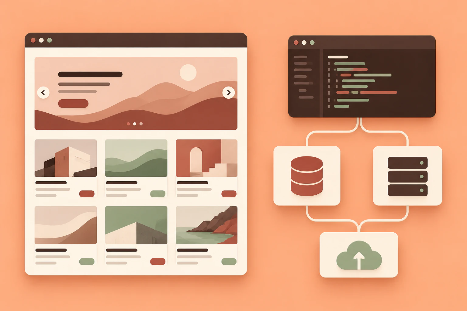 A website theme browser contrasts with connected application starter blocks.