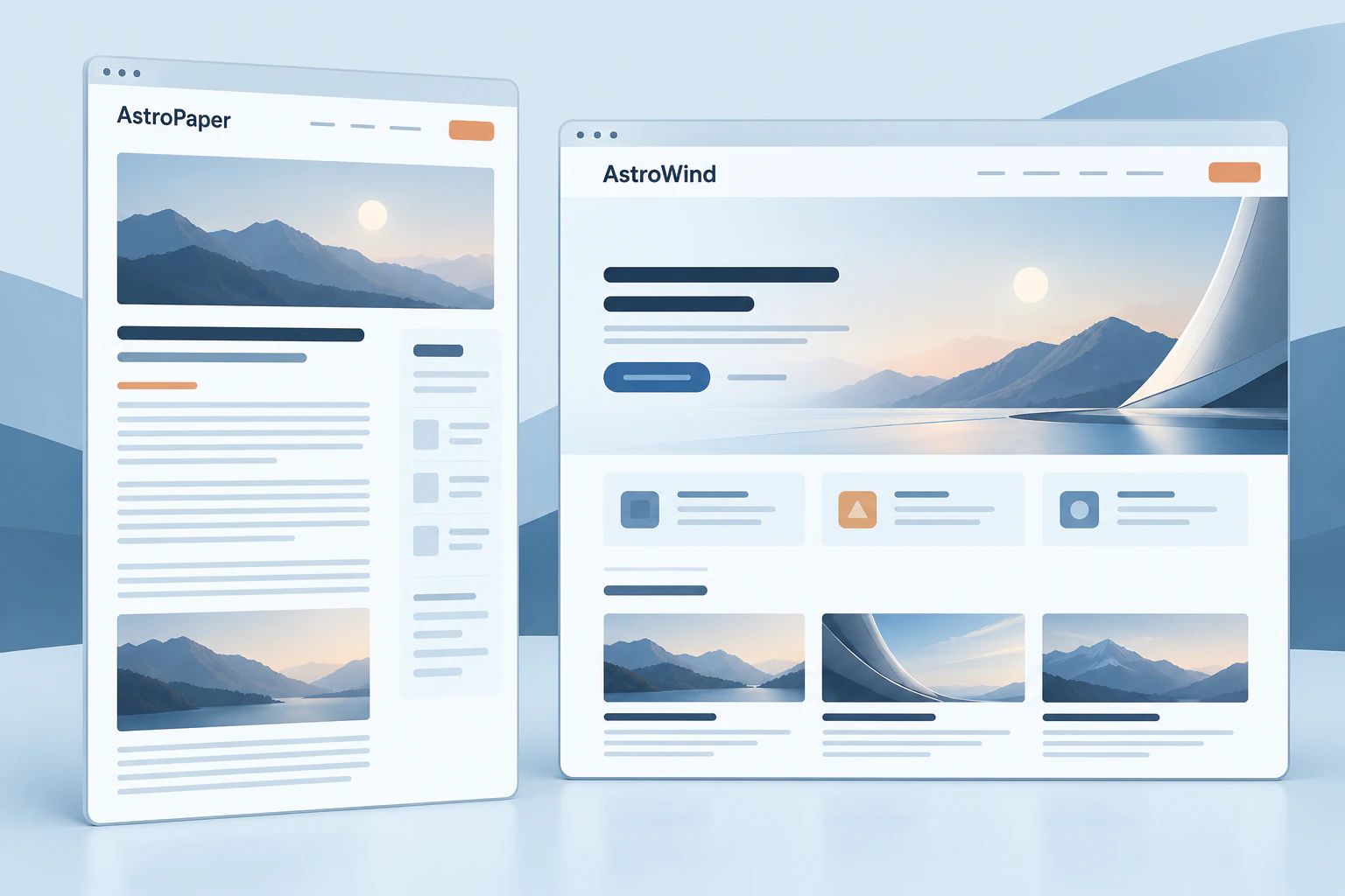 Illustrated AstroPaper and AstroWind pages show an editorial blog beside a website hero and feature cards.