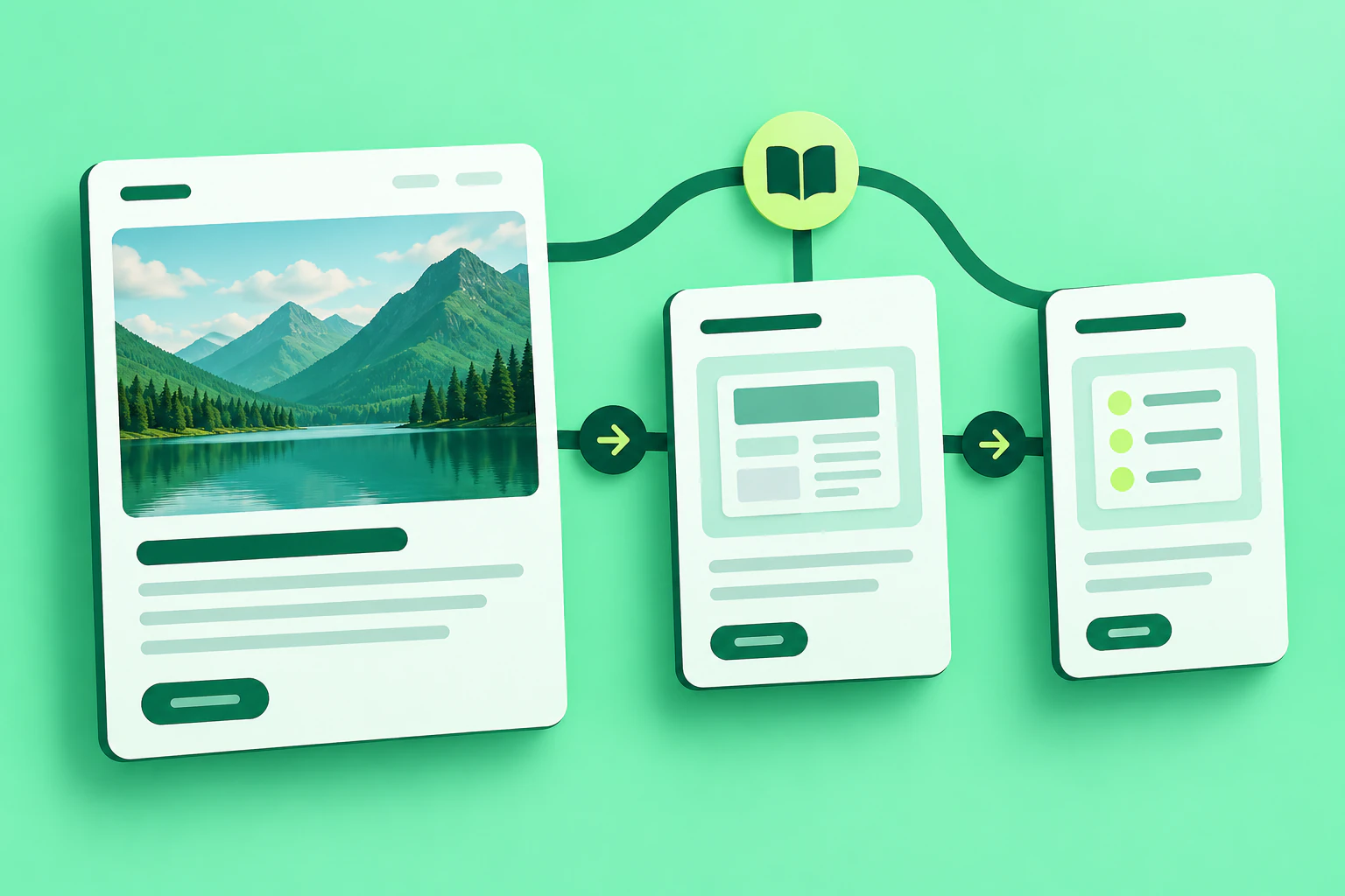 Three article cards connect along a reading path beside an open book marker.