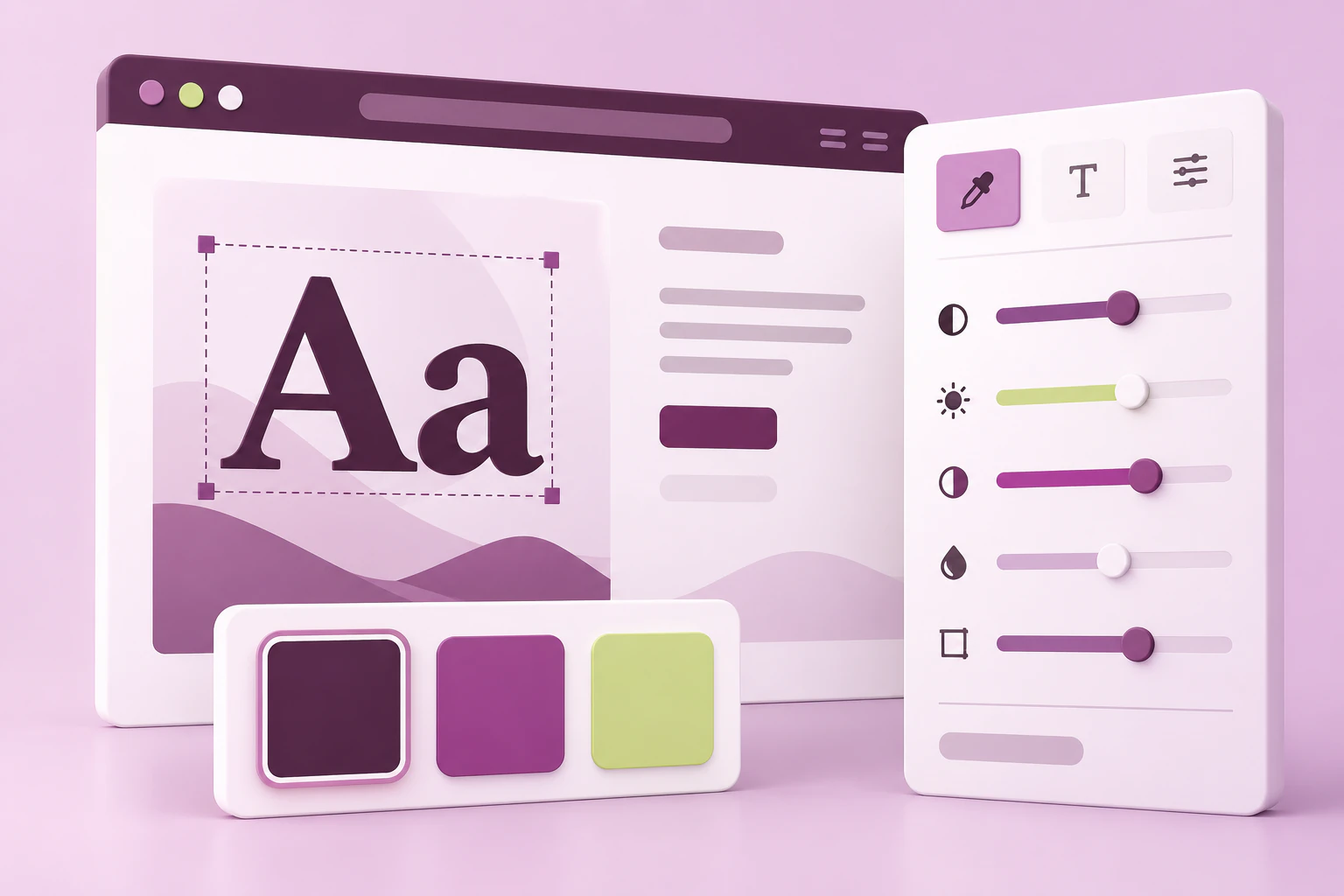 Letterforms, color swatches, and sliders illustrate template customization.