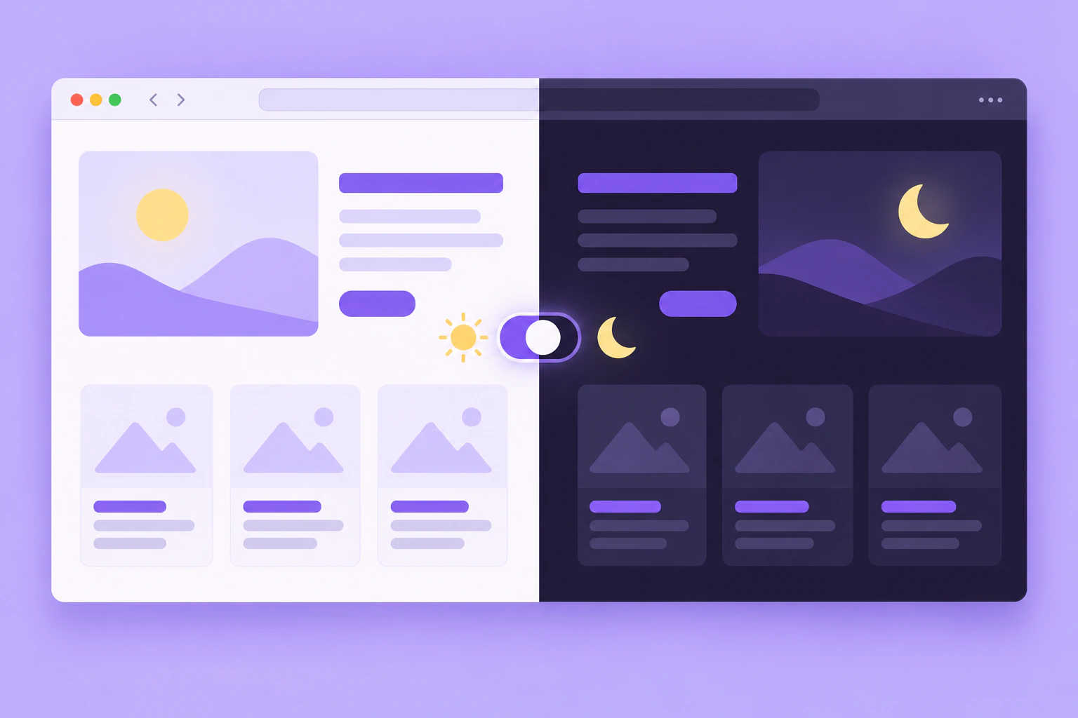 One browser shows light and dark themes around a central theme switch.