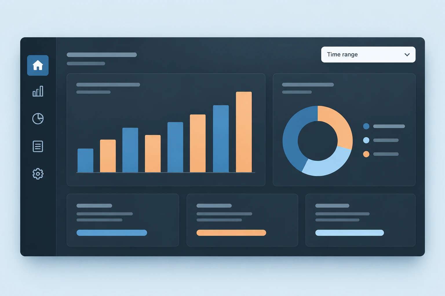 A schematic dashboard shows navigation, filters, and unlabeled charts.
