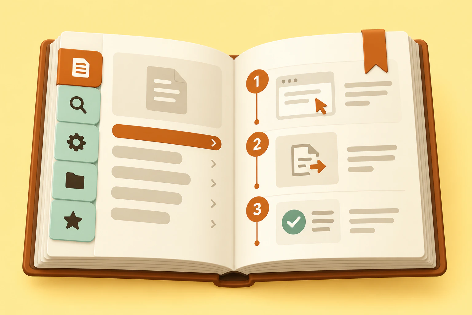 An open documentation book shows an index and a guide with a bookmark.
