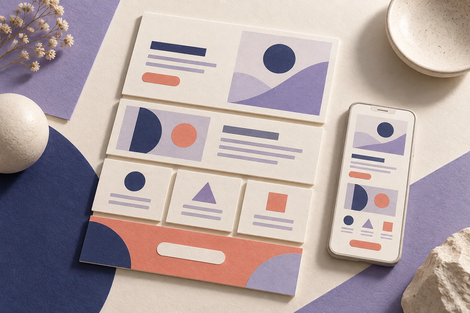 Paper landing page sections form a complete layout beside a matching phone screen.
