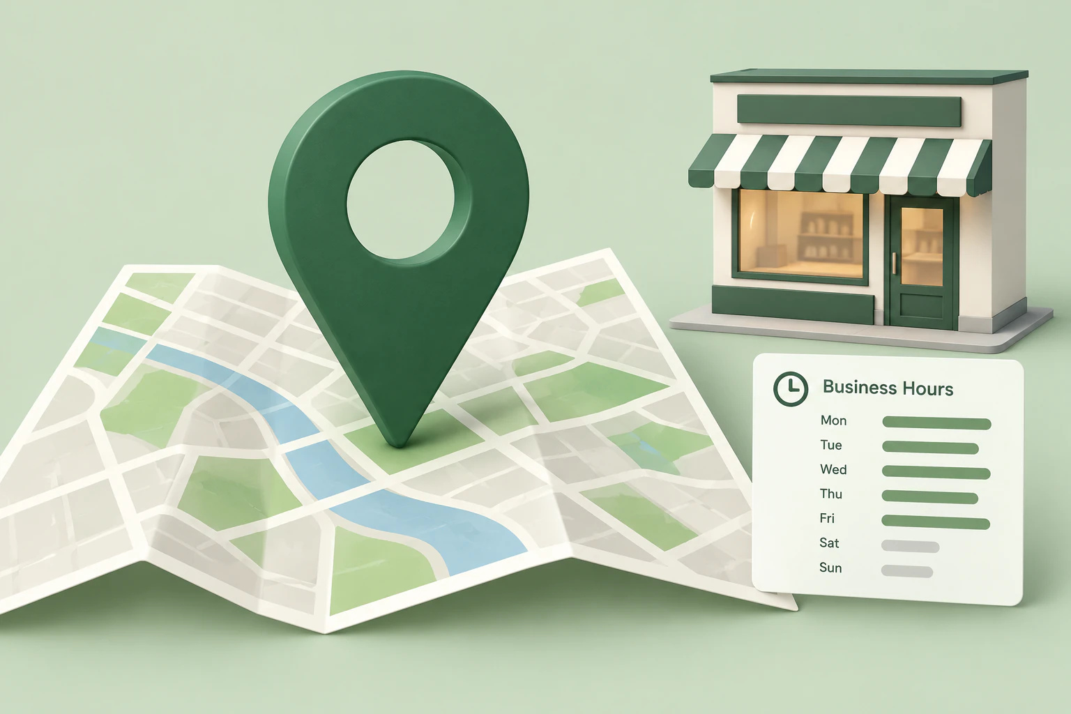 A location pin, street map, business-hours card, and storefront illustrate visitor information.