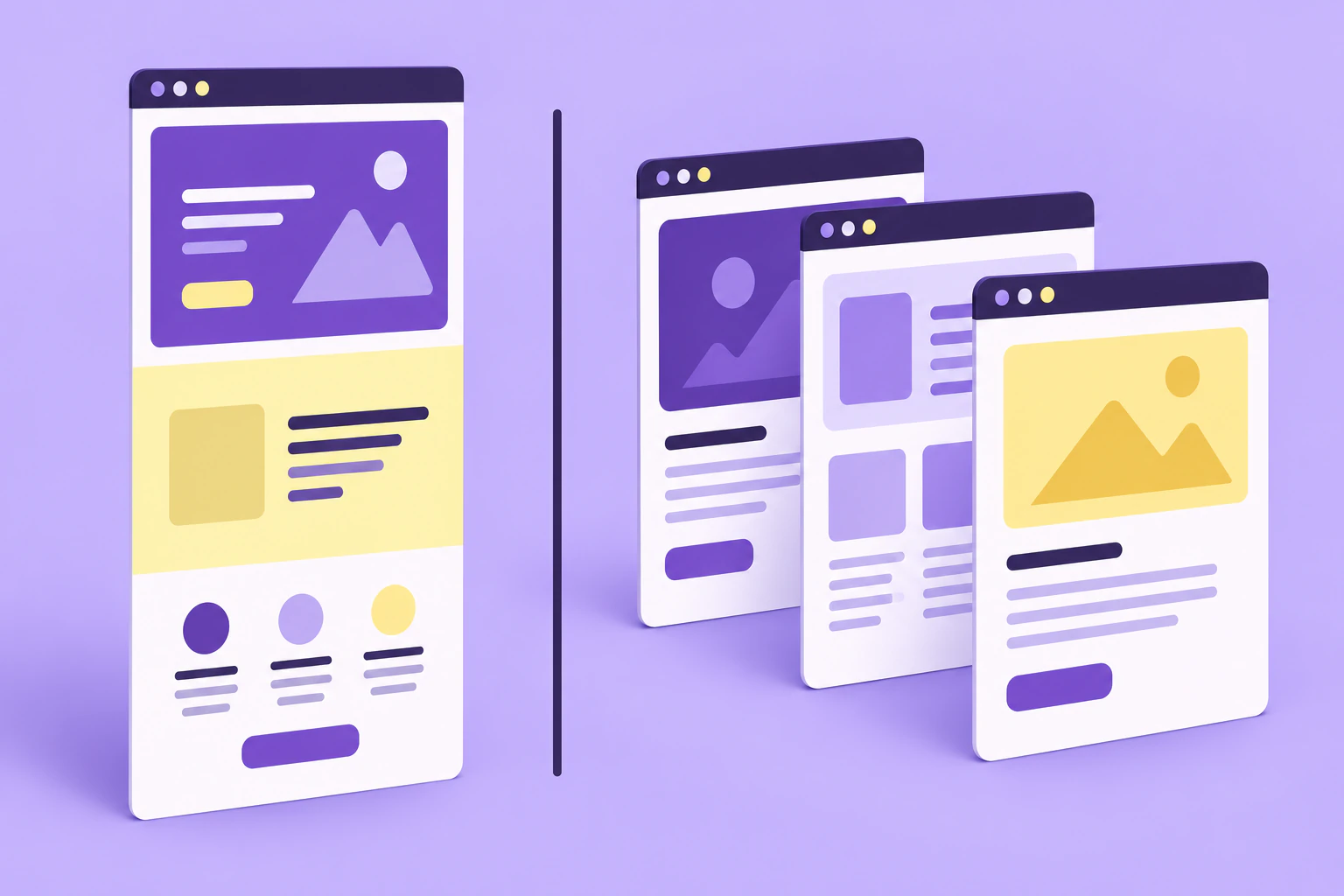 One continuous page stands beside three separate website pages.
