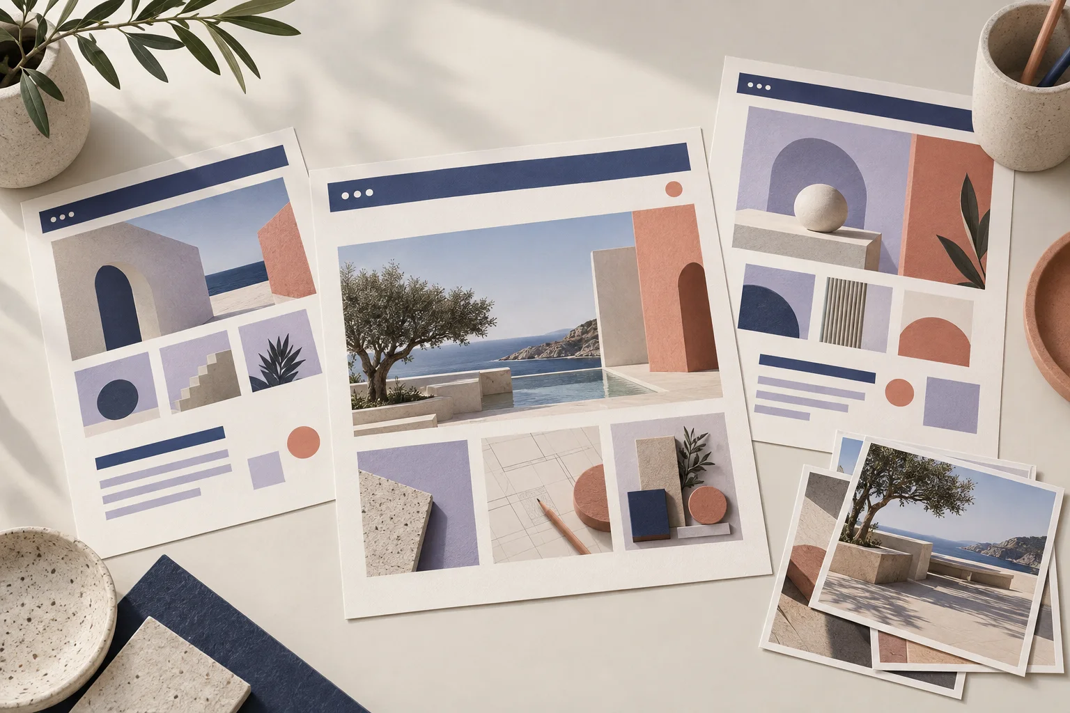 Three paper portfolio pages show a project image, process details, and supporting photographs.