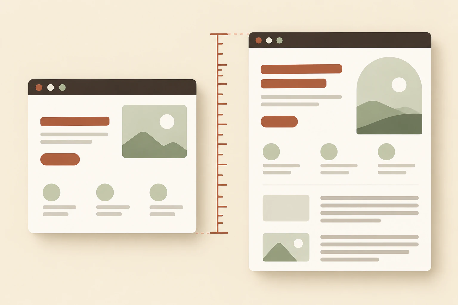 Two website samples compare compact content with longer real content.