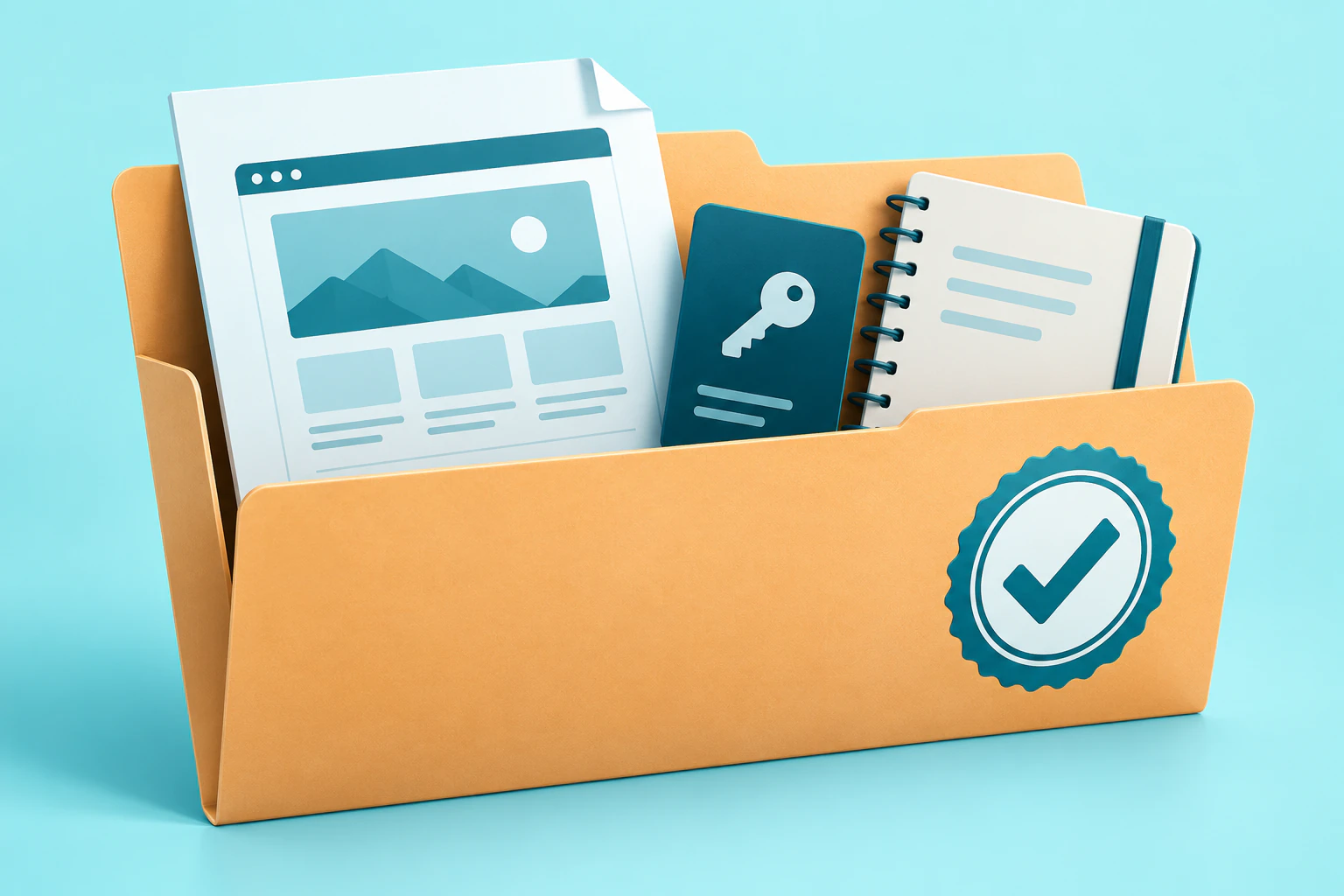 A delivery folder holds website files, an access key card, and notes.