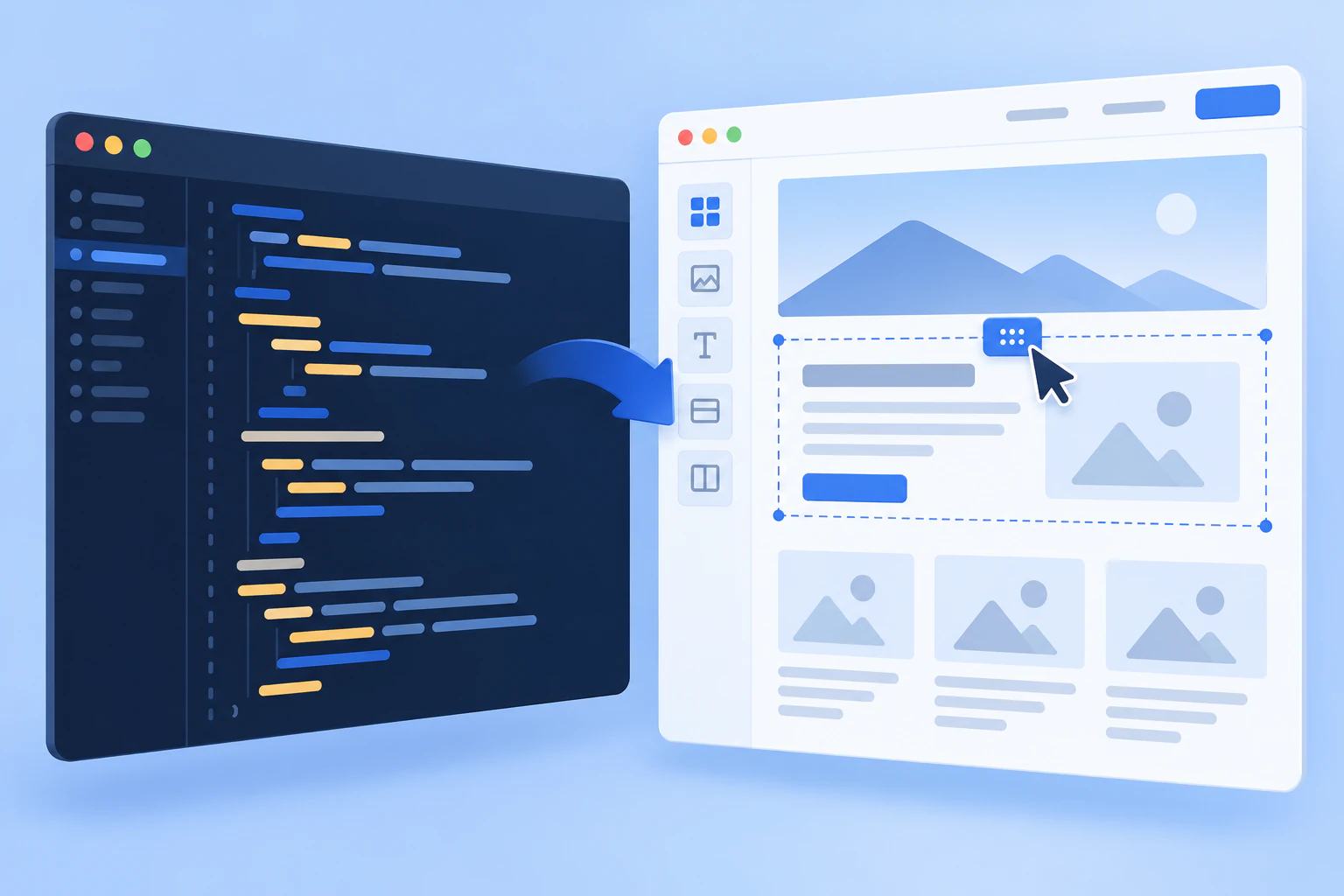 A code editor contrasts with a visual website editor and selected content block.