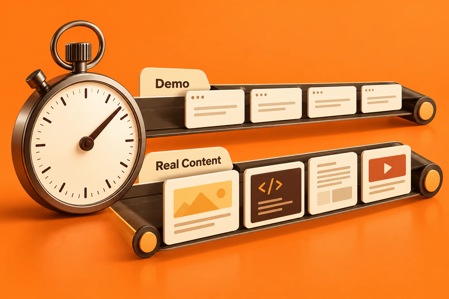 A stopwatch and two content payload lanes illustrate website performance review.