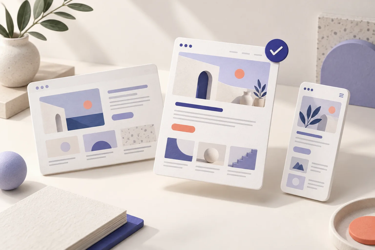 Three paper website layouts with desktop and mobile pages, with a check beside the selected design.