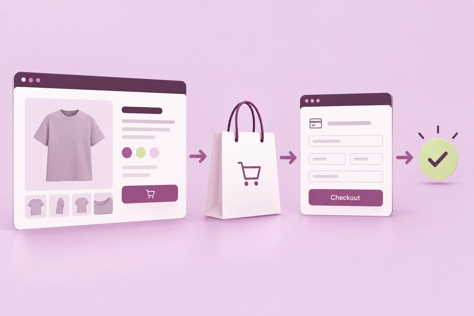 A product page, shopping bag, and checkout card show a complete shopping journey.