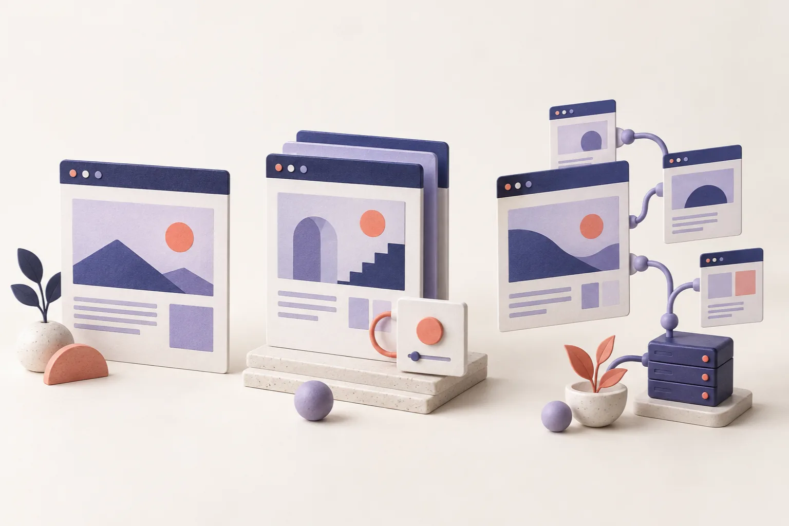 A single page, a stack of pages, and connected pages illustrate three approaches to website structure.