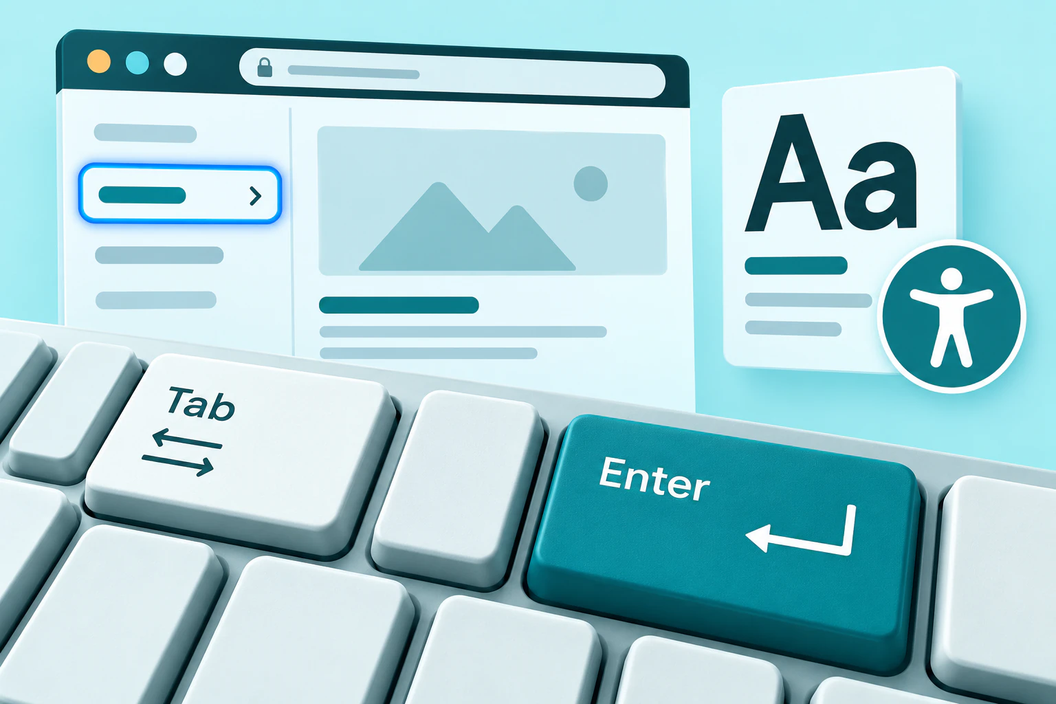 A keyboard, focus outline, and large letterforms illustrate website accessibility checks.