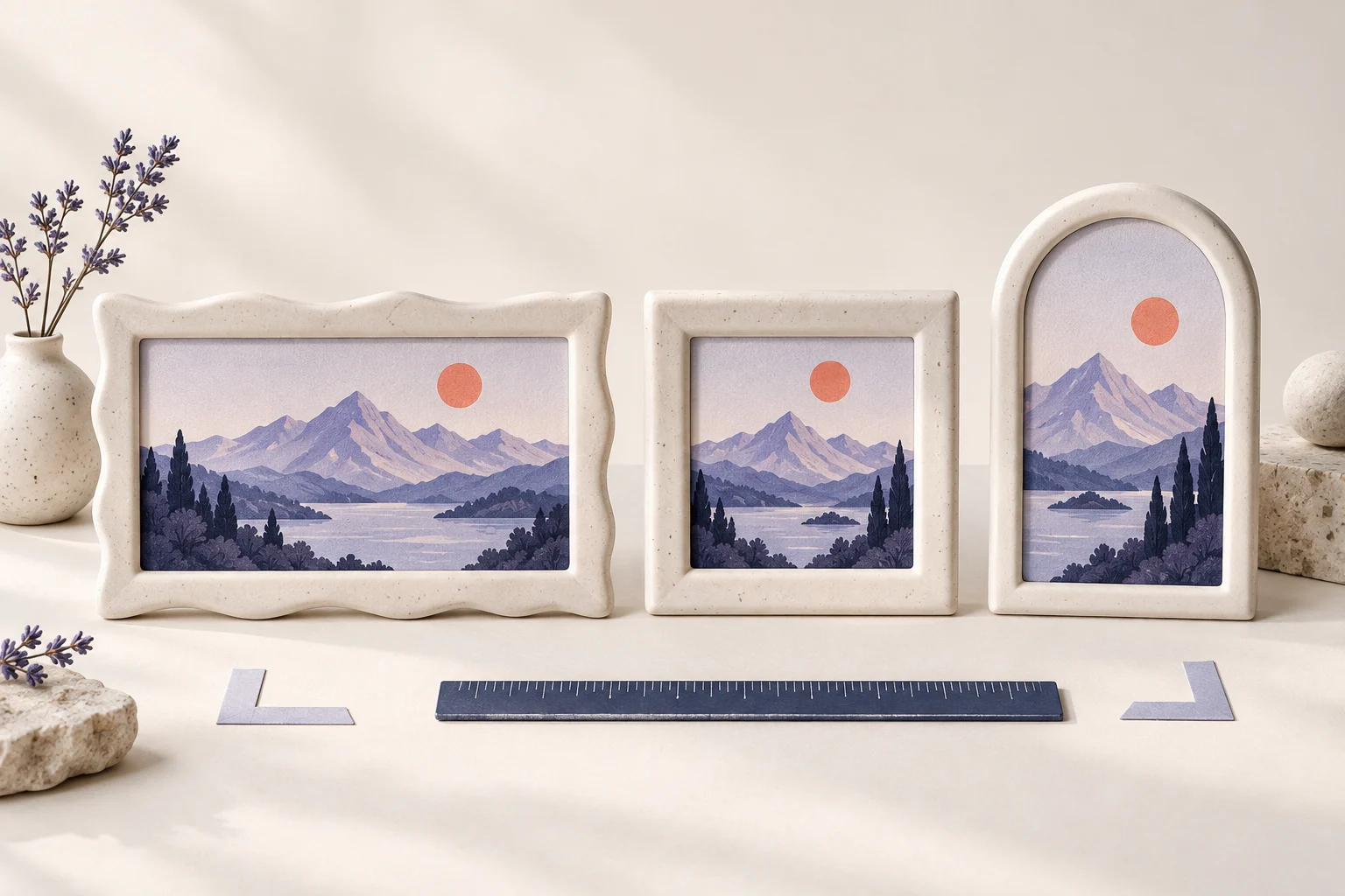Landscape, square, and portrait frames with lavender landscapes and an indigo ruler.