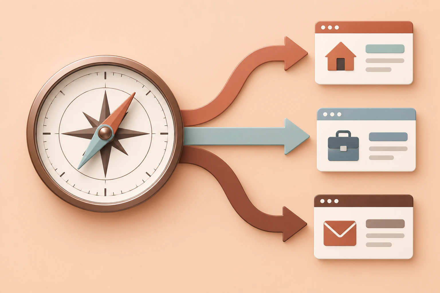 A compass connects to three website navigation destinations.