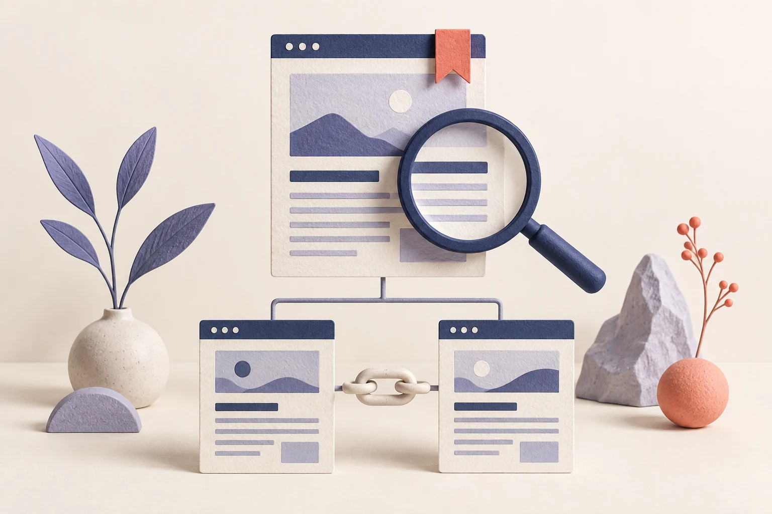 Connected paper website pages with a magnifying glass, a bookmark, and a chain link.