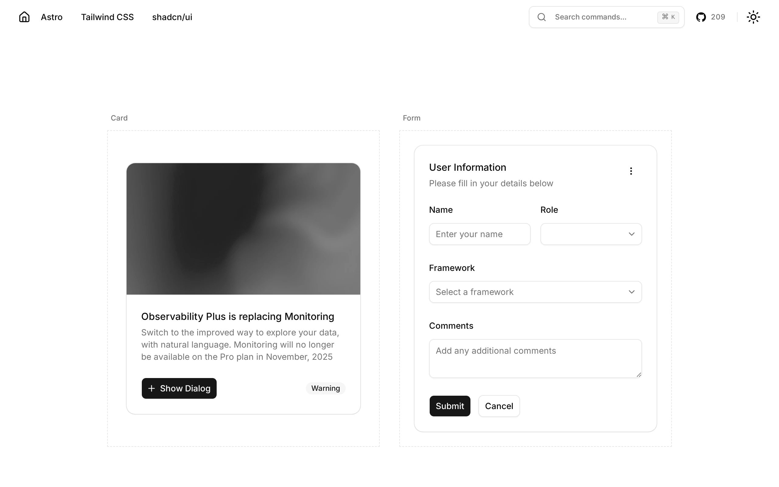 The Astro Shadcn Ui Template demo, first frame