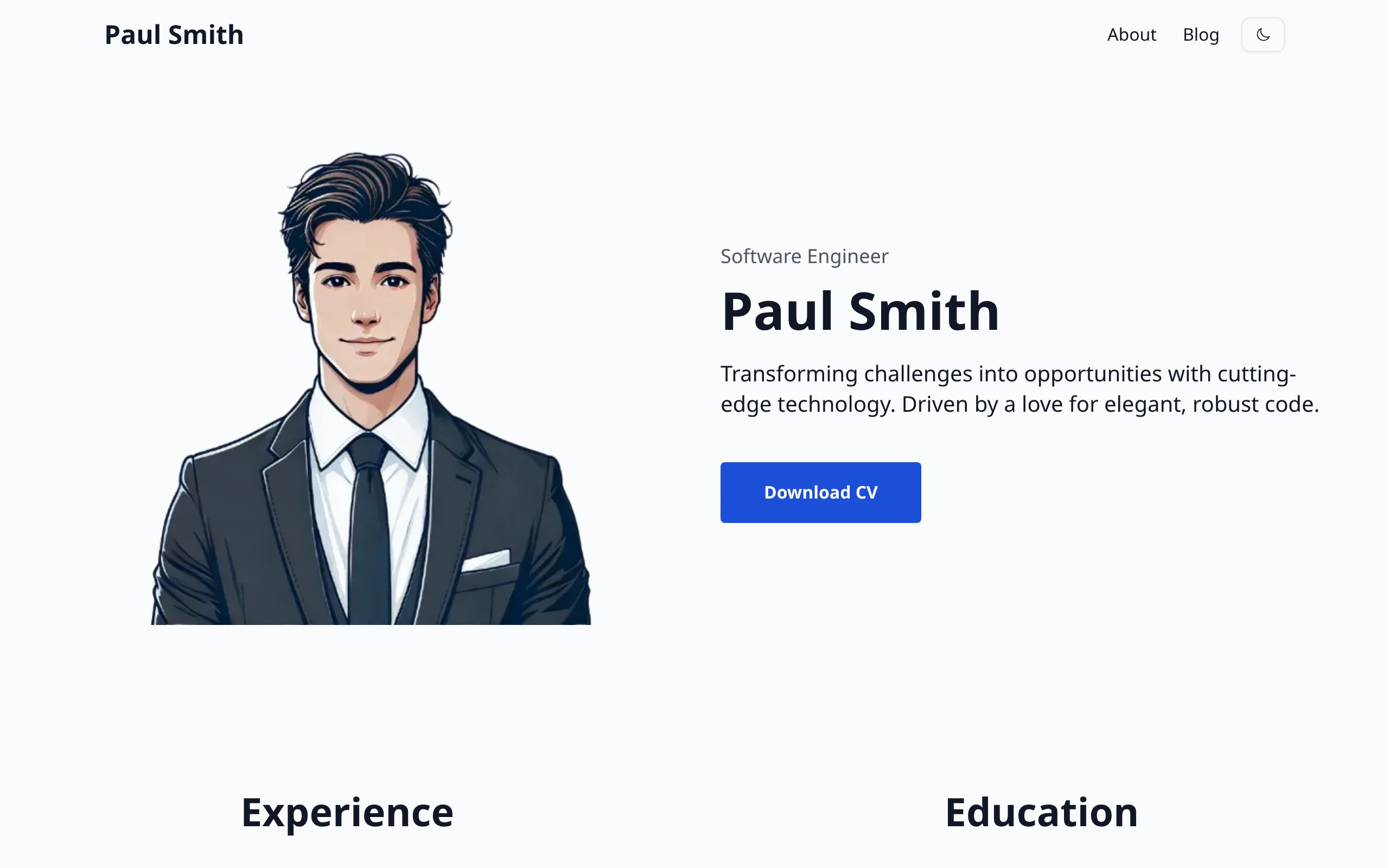 The Astro Resume Theme demo, first frame