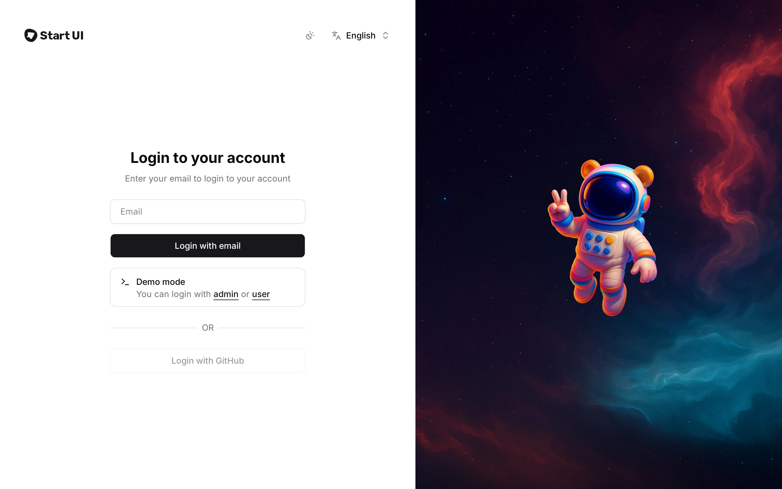 The Start Ui Web demo, first frame