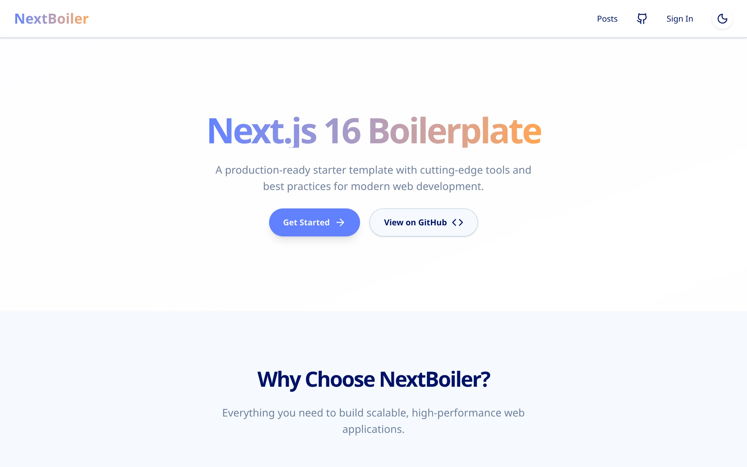 The Nextjs 16 Template demo, first frame