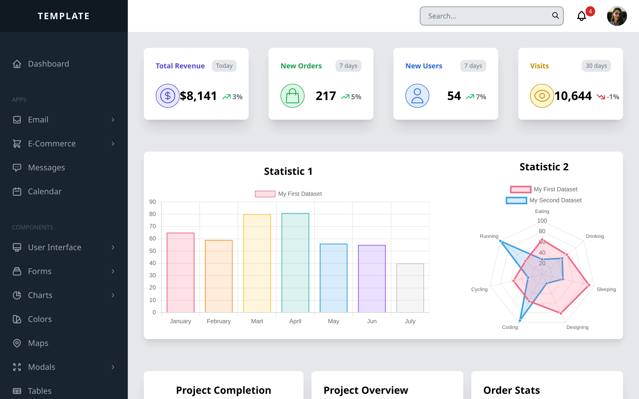 The Tailwind C S S Alpine.js Template demo, first frame