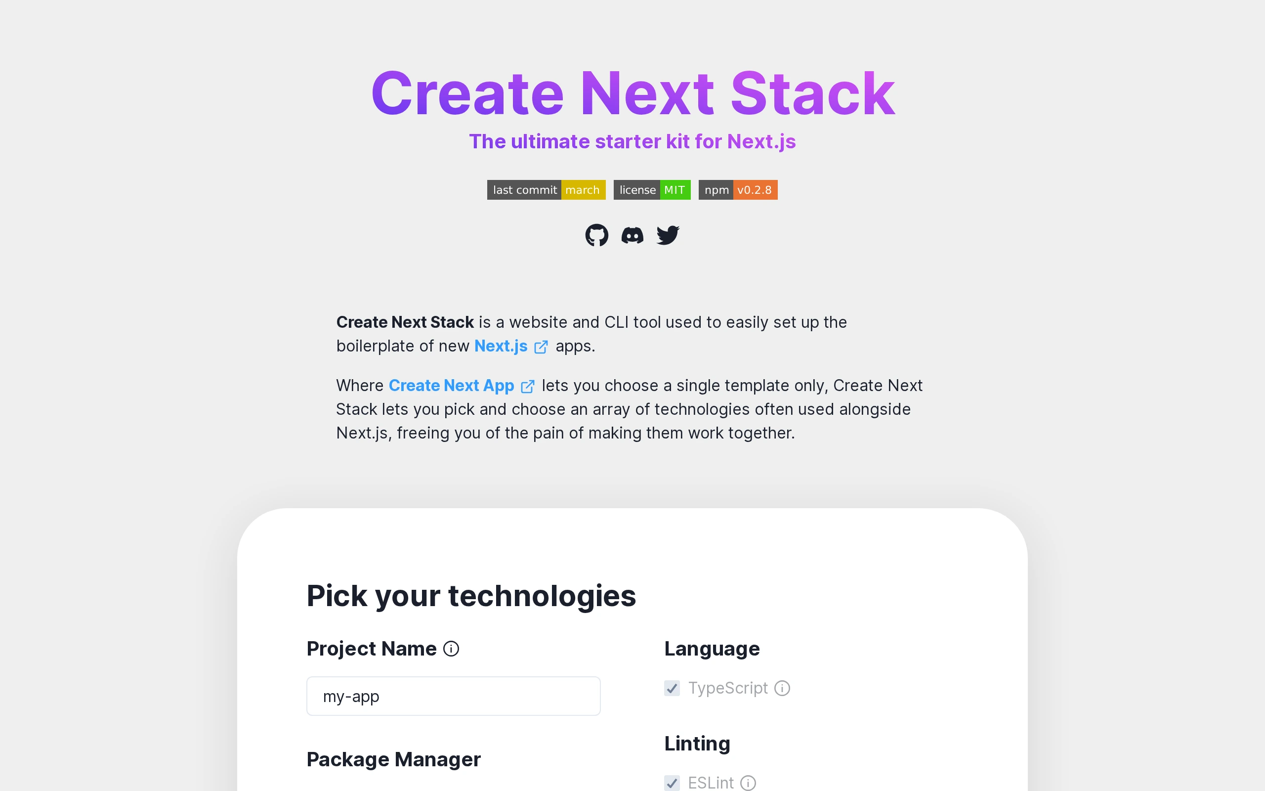 The Create Next Stack demo, first frame