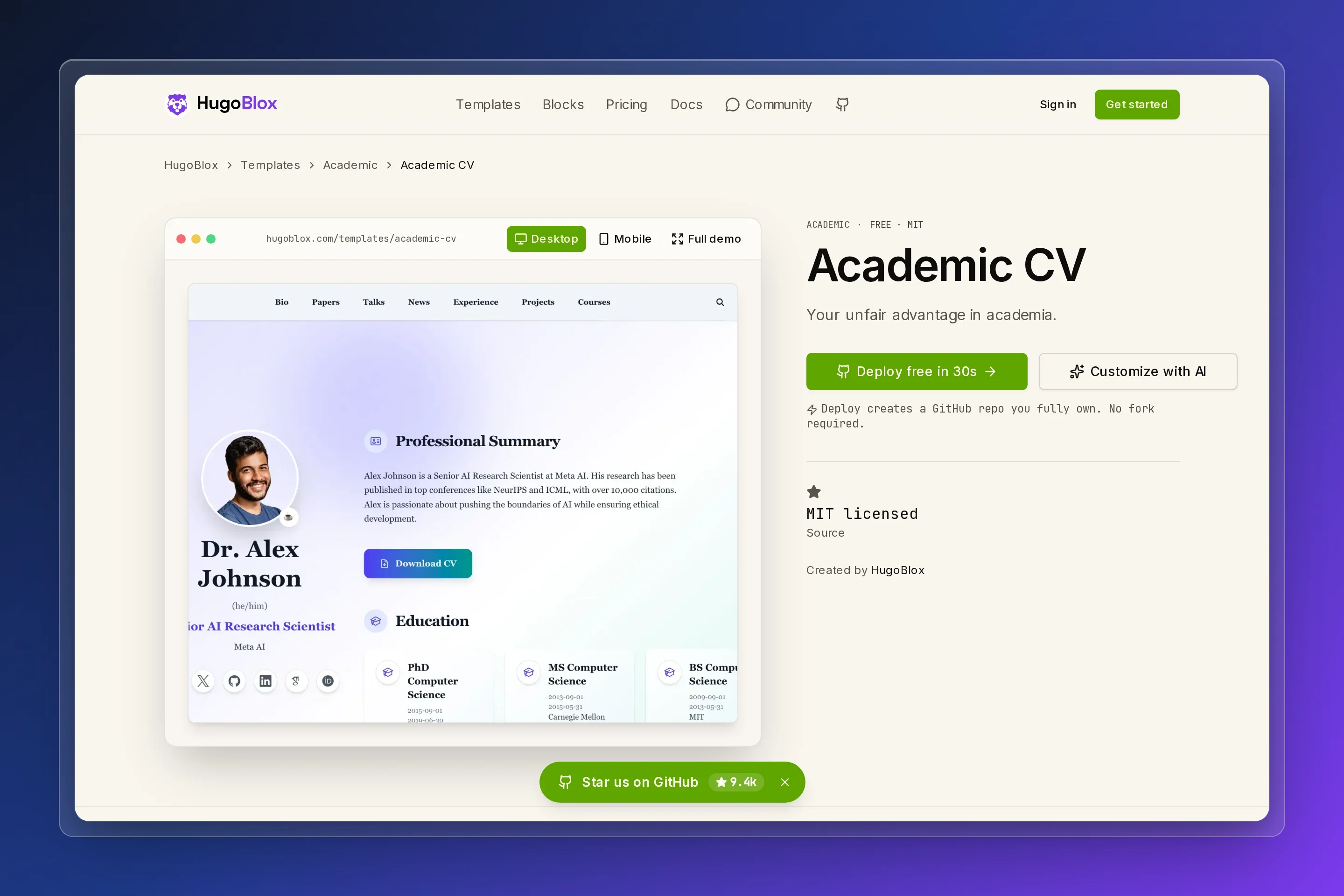 Hugo Theme Academic Cv preview