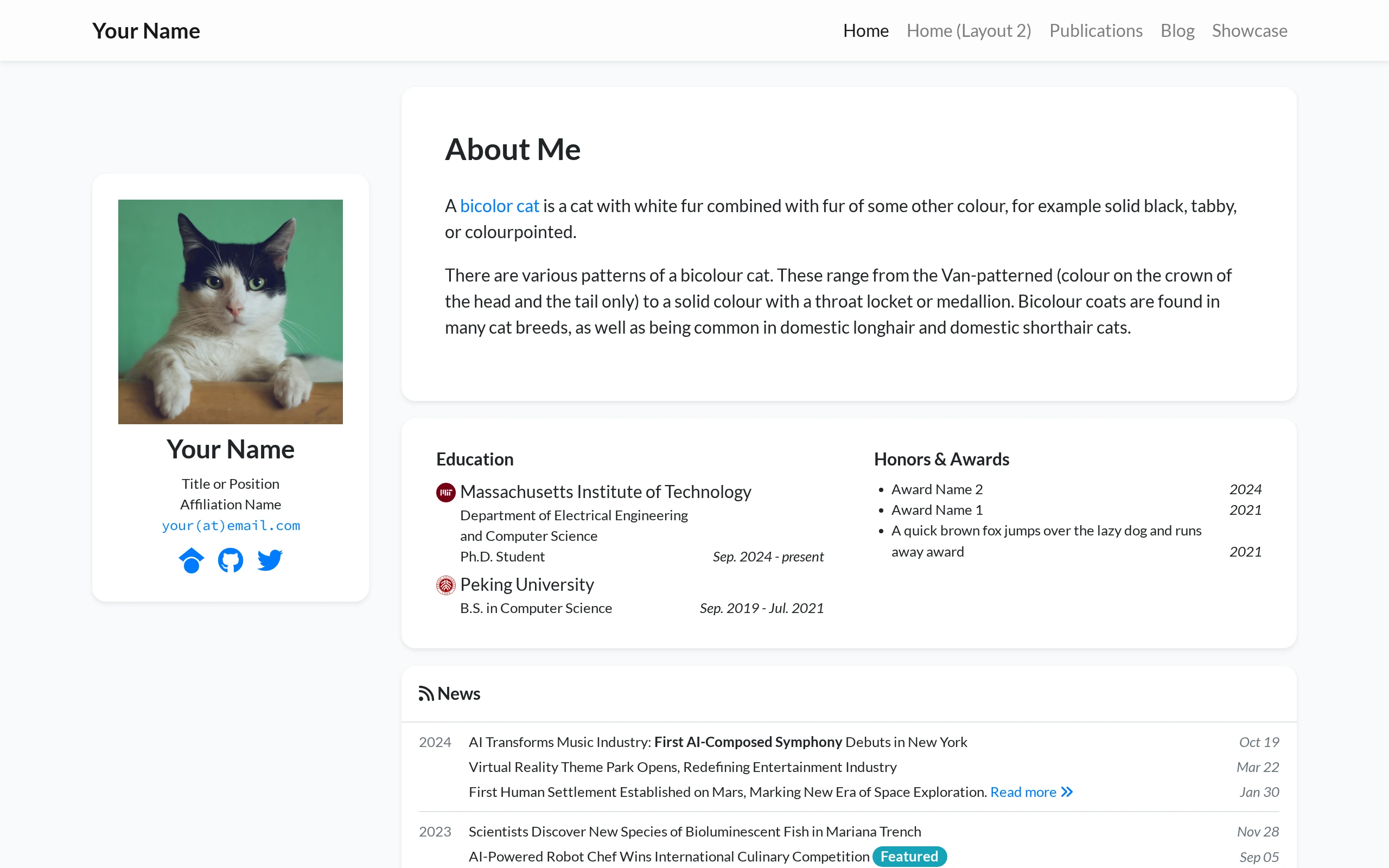 The Academic Homepage demo, first frame