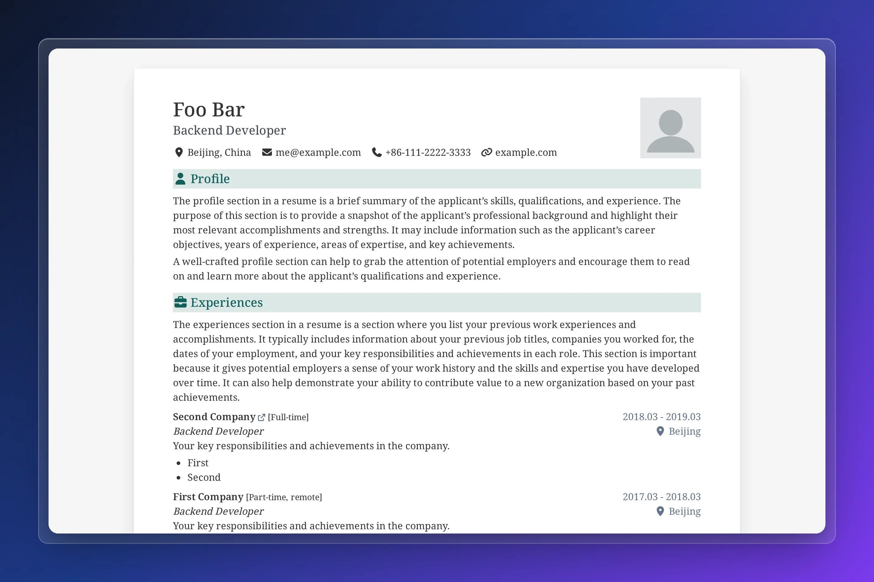 Online Resume preview